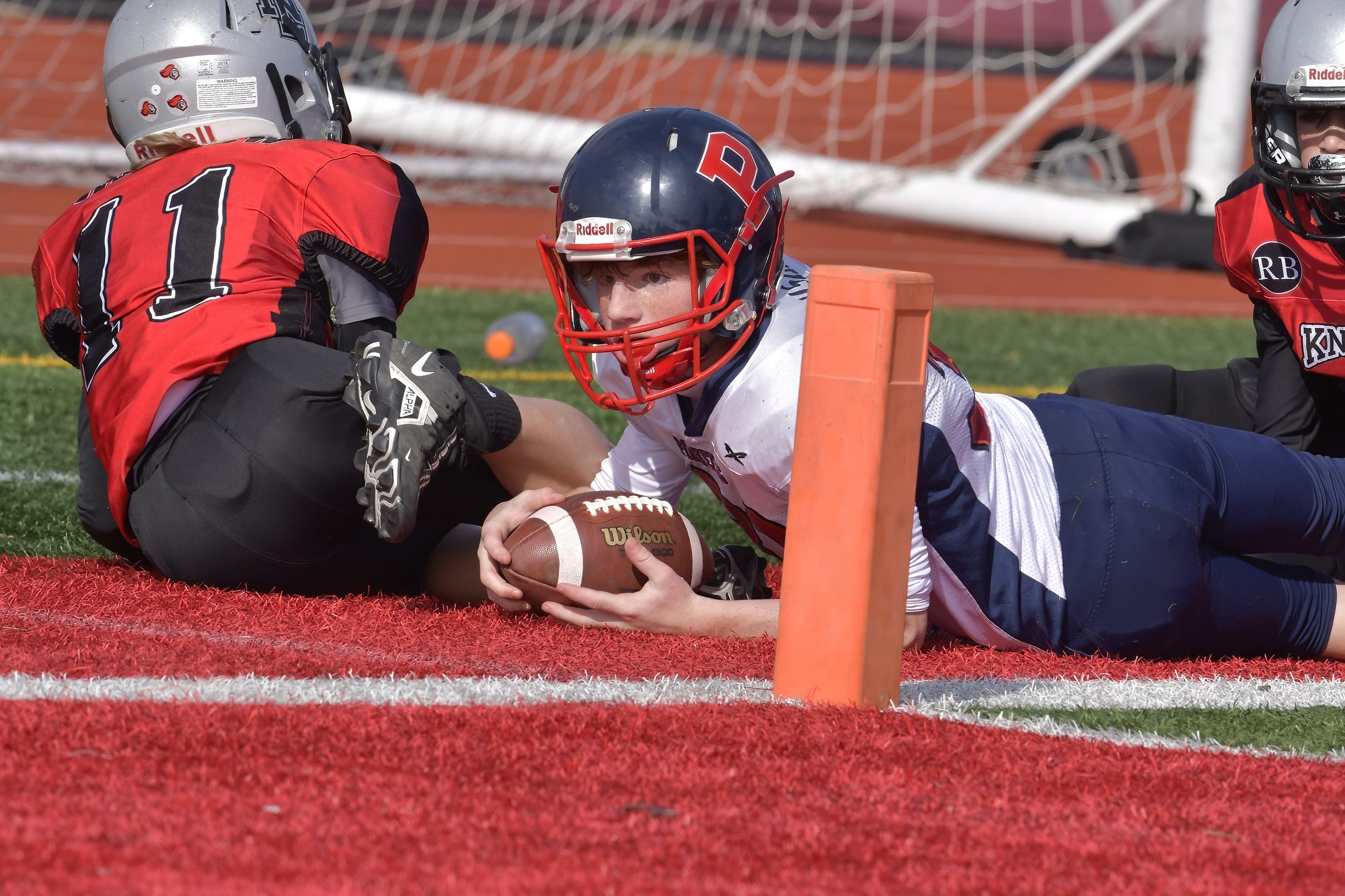 Young football player touchdown.